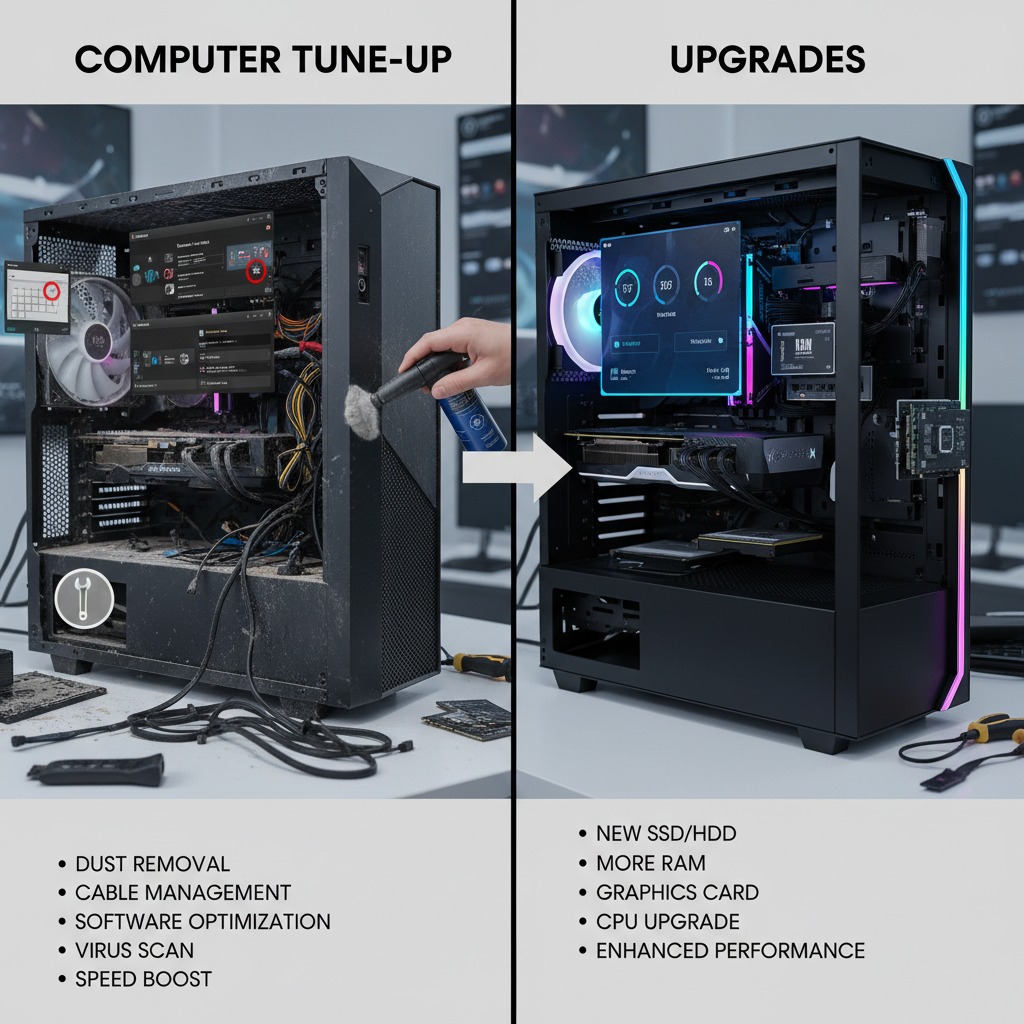 A split-screen comparison showing a dusty computer tower being cleaned on the left and a clean, upgraded gaming PC with internal lighting on the right.